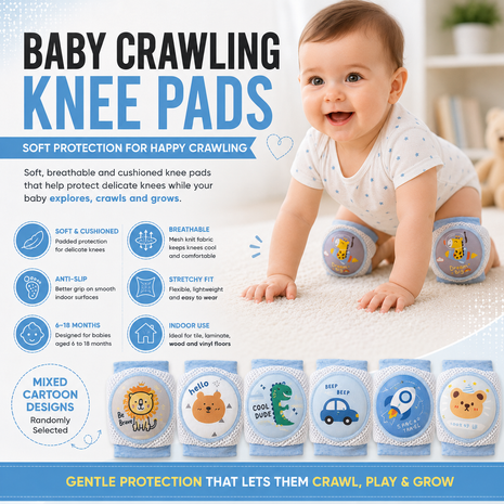Baby Crawling Knee Pads – Soft Mesh Anti-Slip Cushioned Protectors – Breathable Cotton-Blend – Mixed Cartoon - Rocket