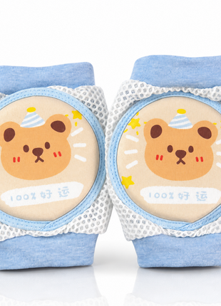 Baby Crawling Knee Pads – Soft Mesh Anti-Slip Cushioned Protectors – Breathable Cotton-Blend – Mixed Cartoon - Bear Blue