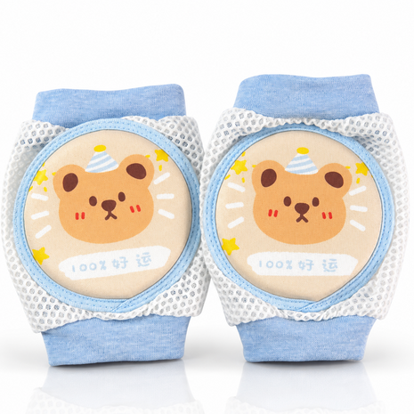 Baby Crawling Knee Pads – Soft Mesh Anti-Slip Cushioned Protectors – Breathable Cotton-Blend – Mixed Cartoon - Bear Blue