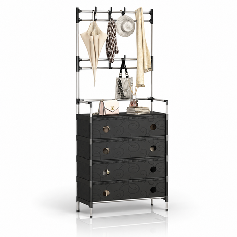 4-Tier Shoe Storage Cabinet with Coat Rack, Removable Shelf Divider, Galvanised Steel Tube & PP Panels