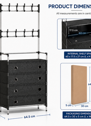 4-Tier Shoe Storage Cabinet with Coat Rack, Removable Shelf Divider, Galvanised Steel Tube & PP Panels