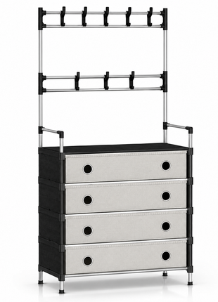 4-Tier Shoe Storage Cabinet with Coat Rack, Removable Shelf Divider, Galvanised Steel Tube & PP Panels