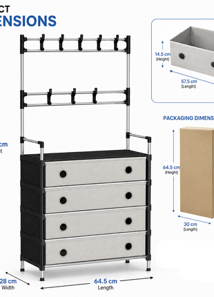 4-Tier Shoe Storage Cabinet with Coat Rack, Removable Shelf Divider, Galvanised Steel Tube & PP Panels