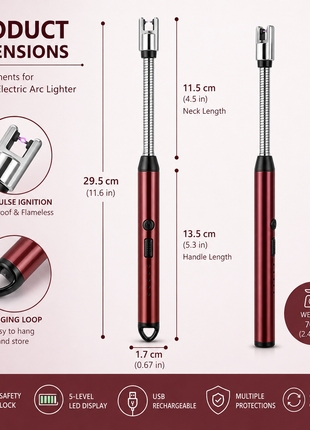 Electric Arc Lighter – 29.5cm Flexible USB Rechargeable – Windproof Safety Ignition with LED Indicator