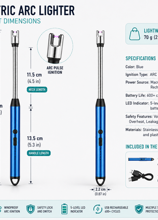 Electric Arc Lighter – 29.5cm Flexible USB Rechargeable – Windproof Safety Ignition with LED Indicator