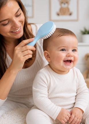 Baby Hair Brush & Comb Set –Soft Imitation Wool Bristles – Cradle Cap Scalp Massager