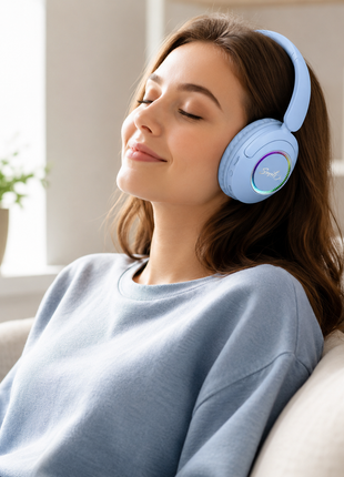 Spid Wireless Bluetooth 5.3 Over-Ear Headphones with AUX Cable, USB-C Charging, 40H Playtime, RGB Light Ring, 10 m Range, Blue