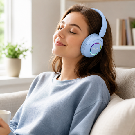 Spid Wireless Bluetooth 5.3 Over-Ear Headphones with AUX Cable, USB-C Charging, 40H Playtime, RGB Light Ring, 10 m Range, Blue
