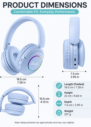 Spid Wireless Bluetooth 5.3 Over-Ear Headphones with AUX Cable, USB-C Charging, 40H Playtime, RGB Light Ring, 10 m Range, Blue