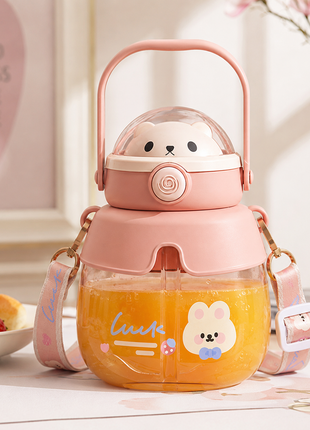 Bear 860mL Kids Water Bottle with Straw & Carry Handle Pink ABS Plastic