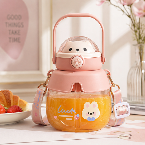 Bear 860mL Kids Water Bottle with Straw & Carry Handle Pink ABS Plastic