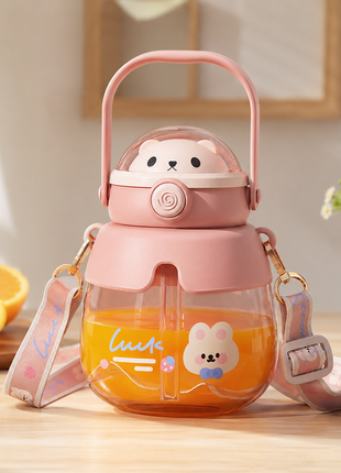 Bear 860mL Kids Water Bottle with Straw & Carry Handle Pink ABS Plastic