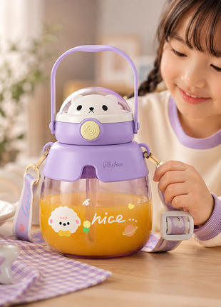 Bear 860mL Kids Water Bottle with Straw & Carry Handle Purple ABS Plastic