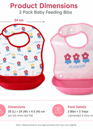 PEVA Baby Feeding Bib 2 Pack with Detachable Soft Plastic Food Catching Trays, Waterproof Roll-Up Design, Press Stud Button Closure