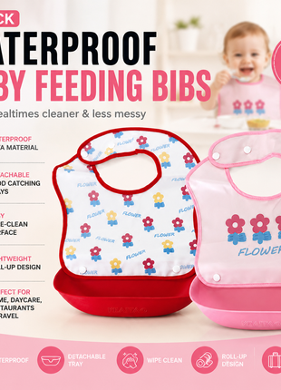 PEVA Baby Feeding Bib 2 Pack with Detachable Soft Plastic Food Catching Trays, Waterproof Roll-Up Design, Press Stud Button Closure