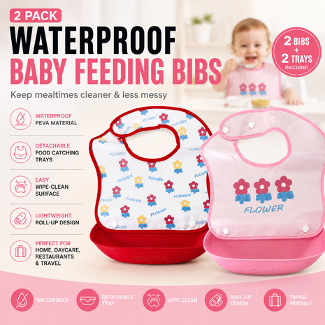 PEVA Baby Feeding Bib 2 Pack with Detachable Soft Plastic Food Catching Trays, Waterproof Roll-Up Design, Press Stud Button Closure