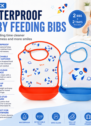 PEVA Baby Feeding Bib 2 Pack with Detachable Soft Plastic Food Catching Trays, Waterproof Roll-Up Design, Press Stud Button Closure