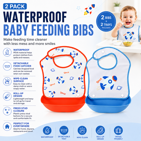 PEVA Baby Feeding Bib 2 Pack with Detachable Soft Plastic Food Catching Trays, Waterproof Roll-Up Design, Press Stud Button Closure