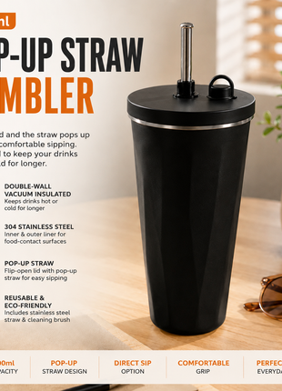 600ml Vacuum Insulated Stainless Steel Tumbler Cup with Lid & Reusable Straw-Black