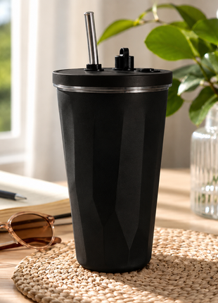 600ml Vacuum Insulated Stainless Steel Tumbler Cup with Lid & Reusable Straw-Black