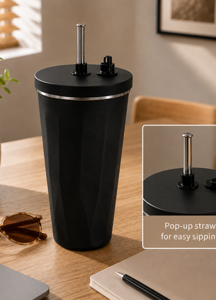 600ml Vacuum Insulated Stainless Steel Tumbler Cup with Lid & Reusable Straw-Black