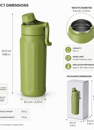 670ml Vacuum Insulated Sports Bottle with SUS316 Stainless Steel Inner, Leak-Resistant Flip Lid & Carry Handle for Hot and Cold Drinks