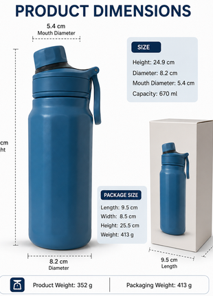 670ml Vacuum Insulated Sports Bottle with SUS316 Stainless Steel Inner, Leak-Resistant Flip Lid & Carry Handle for Hot and Cold Drinks
