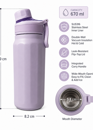 670ml Vacuum Insulated Sports Bottle with SUS316 Stainless Steel Inner, Leak-Resistant Flip Lid & Carry Handle for Hot and Cold Drinks