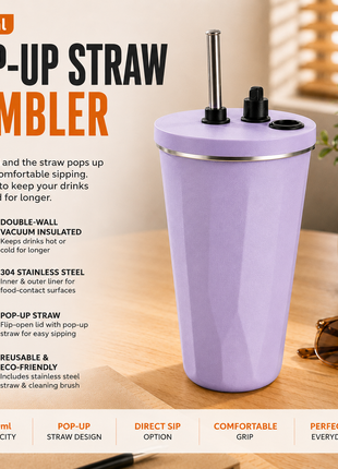 600ml Vacuum Insulated Stainless Steel Tumbler Cup with Lid & Reusable Straw-Purple