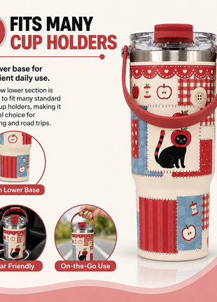 Insulated Tumbler Cup with Handle Lid, Pink Patchwork Checker Heart Design