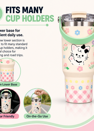 Insulated Tumbler Cup with Handle Lid, White Cat Floral Design