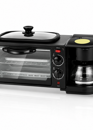 3-in-1 Breakfast Station with Mini Oven, Coffee Maker and Top Griddle, Black Stainless Steel