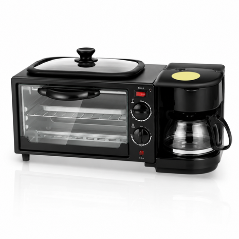 3-in-1 Breakfast Station with Mini Oven, Coffee Maker and Top Griddle, Black Stainless Steel