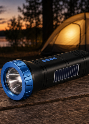 Portable  Blue Solar Rechargeable LED Flashlight Speaker with FM Radio, Bluetooth 5.3, TWS Pairing, USB/TF Playback