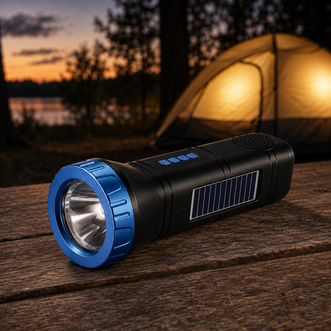 Portable  Blue Solar Rechargeable LED Flashlight Speaker with FM Radio, Bluetooth 5.3, TWS Pairing, USB/TF Playback