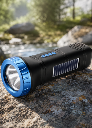 Portable  Blue Solar Rechargeable LED Flashlight Speaker with FM Radio, Bluetooth 5.3, TWS Pairing, USB/TF Playback