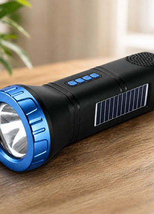 Portable  Blue Solar Rechargeable LED Flashlight Speaker with FM Radio, Bluetooth 5.3, TWS Pairing, USB/TF Playback