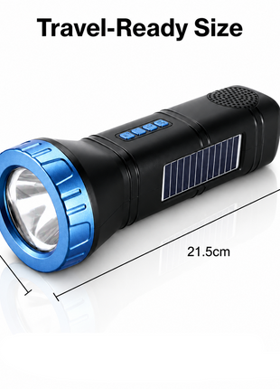Portable  Blue Solar Rechargeable LED Flashlight Speaker with FM Radio, Bluetooth 5.3, TWS Pairing, USB/TF Playback