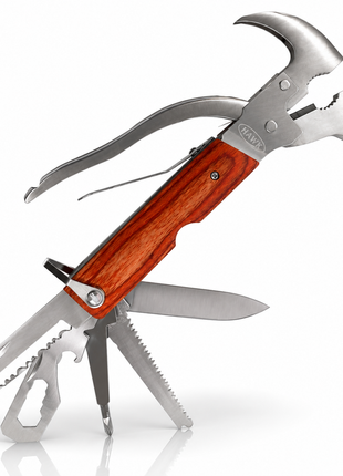 12-in-1 Multi-Functional Claw Hammer with Belt Pouch | 16.5 cm Stainless Steel Multi-Tool for Camping, DIY & Emergency Use