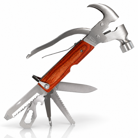 12-in-1 Multi-Functional Claw Hammer with Belt Pouch | 16.5 cm Stainless Steel Multi-Tool for Camping, DIY & Emergency Use
