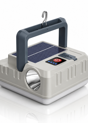 Rechargeable Solar LED Camping Light with 300LM Flood Lamp, Flashlight, USB-C Charging, 1200mAh Battery & Hook
