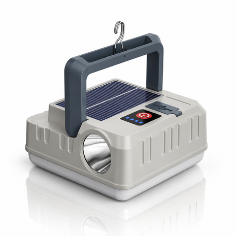 Rechargeable Solar LED Camping Light with 300LM Flood Lamp, Flashlight, USB-C Charging, 1200mAh Battery & Hook