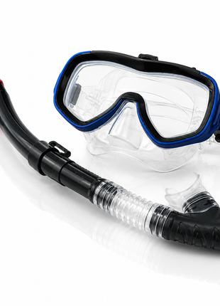Youth Snorkel and Mask Set – Dual Lens Silicone Skirt – Adjustable Strap – Splash Guard Tube – Black and Blue