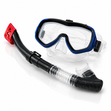 Youth Snorkel and Mask Set – Dual Lens Silicone Skirt – Adjustable Strap – Splash Guard Tube – Black and Blue