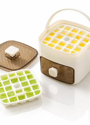 Portable Stackable Ice Cube Tray with Storage Bin & Tongs, 2-Layer Freezer Ice Maker, One-Touch Ice Release, Compact Ice Storage System