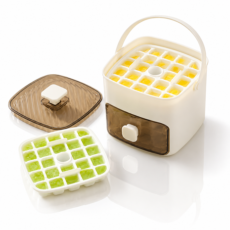 Portable Stackable Ice Cube Tray with Storage Bin & Tongs, 2-Layer Freezer Ice Maker, One-Touch Ice Release, Compact Ice Storage System