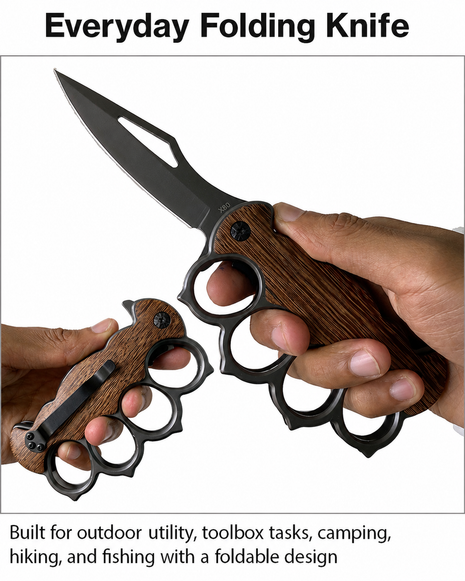 Folding Pocket Knife with Aluminium and Wood Handle, Pocket Clip, 20 cm Open Length