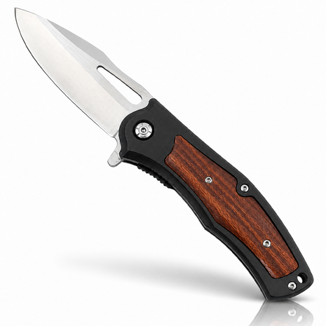 Foldable Pocket Knife with Aluminum and Wood Handle Design 20 cm Stainless Steel Blade Belt Carry Folding Knife