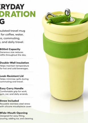 800ml Stainless Steel Insulated Travel Mug with Straw