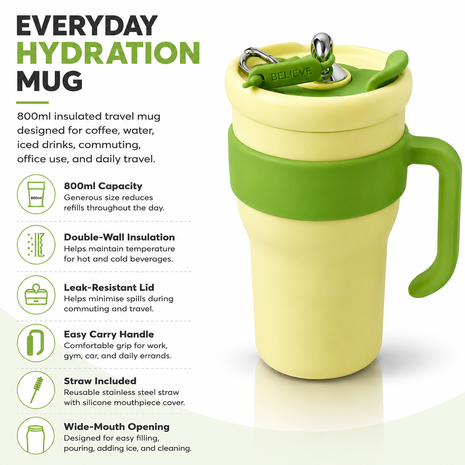 800ml Stainless Steel Insulated Travel Mug with Straw